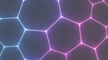 Neon glowing abstract hexagonal grid futuristic web connection network structure technological conceptual background designの写真素材