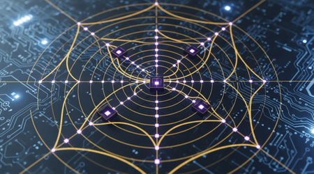 Geometric abstract pattern technology design digital network connection quantum computing processor chip circuit board future conceptの写真素材