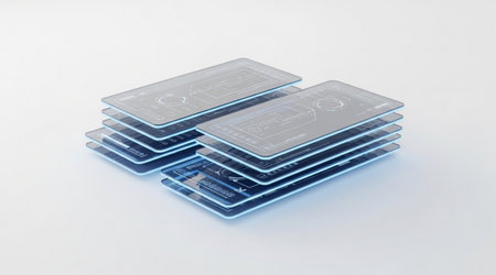 Stacked transparent screens displaying graphical data interface. Advanced augmented reality concept device presentation.の写真素材