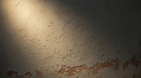 Grungy damaged plaster wall rough surface closeup peeling paint exposed brick dramatic lighting backgroundの写真素材