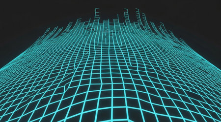 Futuristic grid background abstract waveform presentation cyber network terrain visualization data processing concept.の写真素材