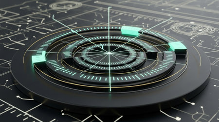 Circular radar display abstract futuristic interface glowing cyan segments digital data...