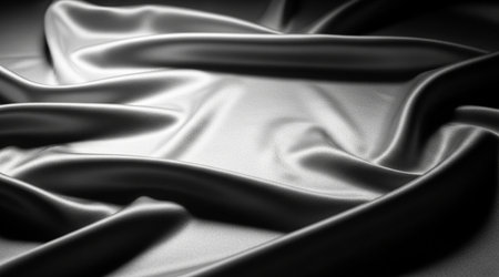 Draped silk satin fabric flowing curves soft highlights elegant black texture luxurious background close up materialの写真素材