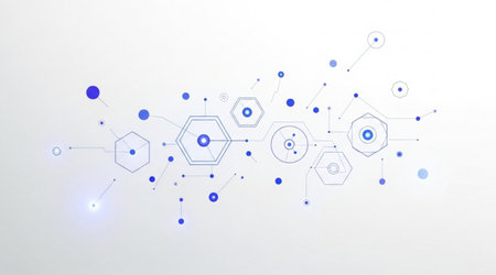 Abstract blue geometric lines dots connecting hexagons and circles forming technology network...