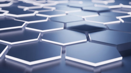 Abstract white hexagons with blue neon edges bright futuristic background geometric texture honeycomb patternの写真素材