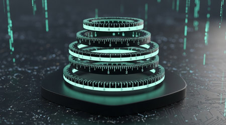 Digital security concept stacked glowing rings data visualization abstract technology mechanism coding futuristic interfaceの写真素材