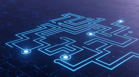 Futuristic electronic circuit board closeup glowing blue lines abstract technological pathways data flow communication networkの写真素材