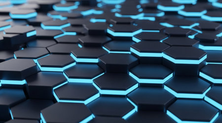 Abstract black hexagons with blue neon edges dark futuristic background geometric texture honeycomb patternの写真素材