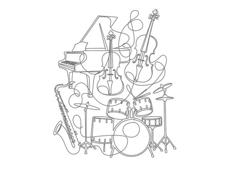 Continuous line drawing piano violin cello drums saxophone instrument set outline vector abstract illustration silhouette performance compositionのイラスト素材