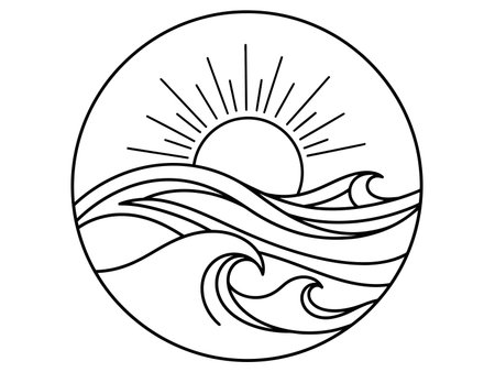 One line drawing of seascape circle frame sunrise sunset over powerful waves single line style vector illustrationのイラスト素材
