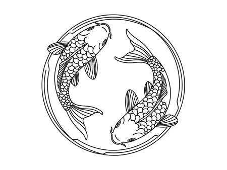 Japanese koi swimming minimal drawing representing balance oriental nature symbol sketch monochrome line art decorative vector illustrationのイラスト素材