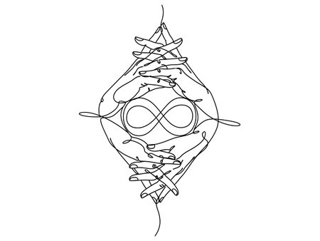 Continuous line drawing four hands diamond shape infinity symbol eternal partnership relationship teamwork outline illustrationのイラスト素材
