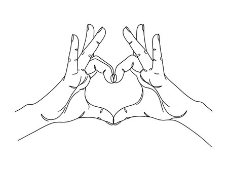 Hands forming heart shape, single continuous line drawing of couple hands making love sign, symbol of care affection unityのイラスト素材