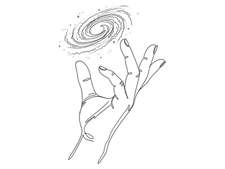 Minimalist continuous line art drawing human hand reaching swirling spiral galaxy space cosmic object illustration isolated white backgroundのイラスト素材