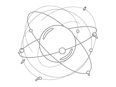 Satellite communication global network data exchange system internet technology connection orbit around planet earth simple line art drawingのイラスト素材