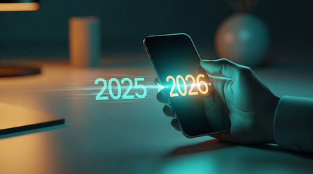 New Year 2020 concept. Hand holding a smartphone. 3D renderingの写真素材