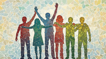 Group of happy people with raised hands. Teamwork concept. Vector illustrationの写真素材