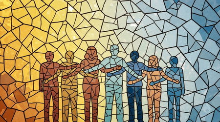 Teamwork and cooperation concept. Group of people standing together in a circle. Vector illustrationの写真素材