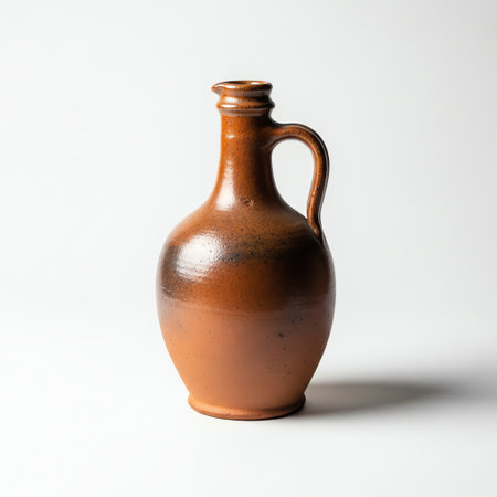 Rustic ceramic jug with handle on white background; earthy brown texture; aged pottery vesselの写真素材