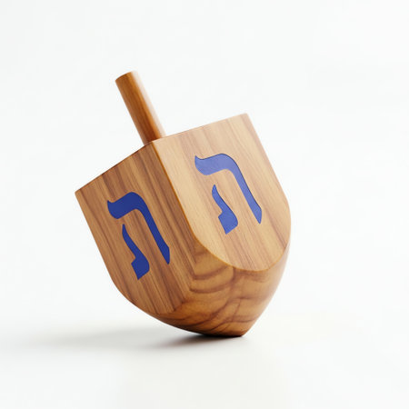 Wooden dreidel spinning with Hebrew letters in blue. Clean white background. Iconic symbol.の写真素材