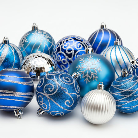 Blue and silver decorative ornaments. Holiday season decorations. Festive baubles. White background.の写真素材