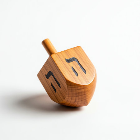 Wooden hanukkah dreidel spinning with hebrew letters isolated on a white background, traditional objectの写真素材
