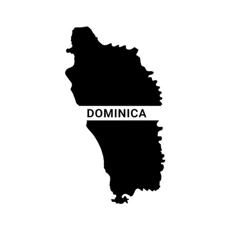 Dominica map, black silhouette with country name, geographic territory outline on white background.のイラスト素材