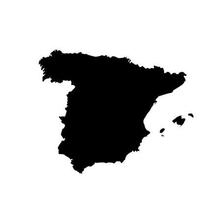 Black silhouette of Spain map. Geographic borders of country in Southwestern Europe. Territory contour. Isolated design.のイラスト素材