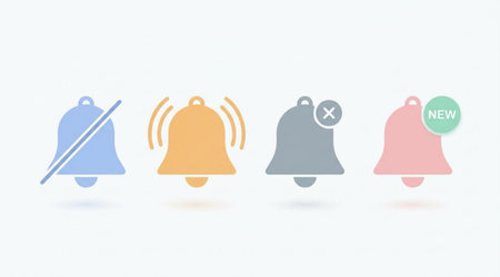 Notification bell icons. Silent bell with line. Ringing bell. Bell with cross. New notification bell.の写真素材