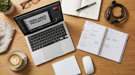 Overhead view of creative freelancer workspace featuring laptop with design software, coffee, and weekly schedule.の写真素材