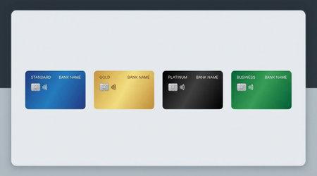 Four unique bank credit cards with various colors including standard, gold, platinum, and business designs.の写真素材