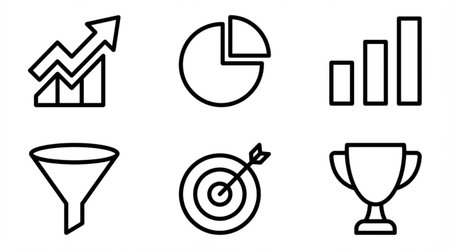 Set of black and white outline business icons showing financial growth market share and success rewardの写真素材
