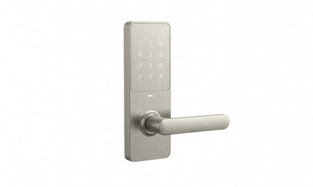 Modern smart door lock featuring keypad and handle providing secure, keyless entry solution for...