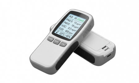 Handheld air quality monitor detecting levels of AQI, PM2.5, PM10, VOC, CO2, temperature