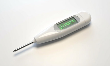 Digital thermometer with fresh text and leaf icon displayed. Temperature measurement device on white...
