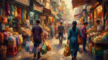 Vibrant street market bustling with people carrying shopping bags among colorful stalls, lively urban scene.の写真素材