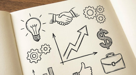 Hand-drawn business concept doodles on an open notebook, featuring a lightbulb, gears, graph, and...