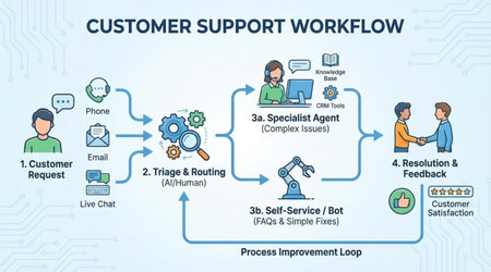 Customer support workflow details triage routing resolution feedback process improvement loop.