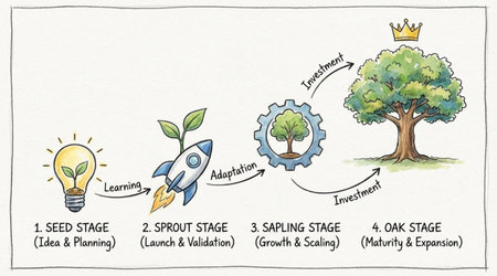 Stages of business development. Seed, sprout, sapling, oak stages are depicted visually.