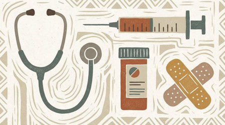 Medical equipment illustration features stethoscope, syringe, pill bottle, and band aids on patterned background.の写真素材