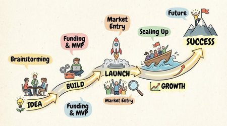 Startup journey illustrated from idea brainstorming through build launch growth to achieve success.