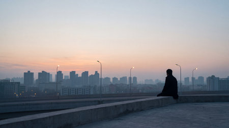 Man observing urban architecture during blue hour dusk city skyline minimal composition evening...