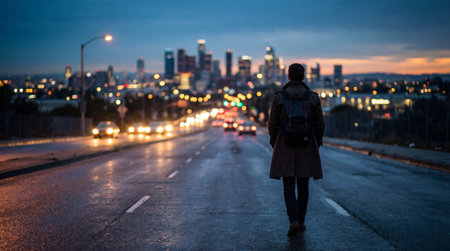 Lone man in coat walking on highway night urban background lights traffic cars street view adventure wallpaperの写真素材