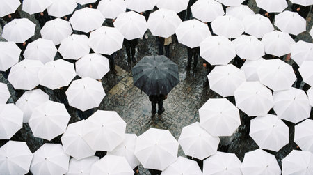 One black umbrella stands out in a sea of white umbrellas, conceptual, difference, individuality,...