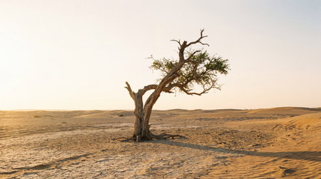 Lone withered tree trunk in middle of vast arid desert plain under clear bright sky landscape view...