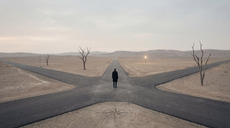 Man at highway intersection choosing direction in desert landscape. Crossroads decision path concept...