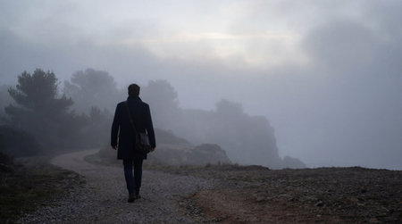 Solitary traveler walking along path in misty foggy landscape. Moody atmosphere wallpaper. Nature...
