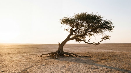 Strong green leaves on old twisted tree in middle of dry parched landscape ground horizon wallpaperの写真素材