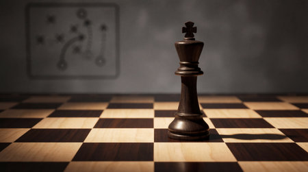 Chess king piece on board with strategy diagram symbolizes leadership and tactics. Game play,...