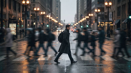 A focused man with a backpack crosses a wet city street, surrounded by motion-blurred people and...